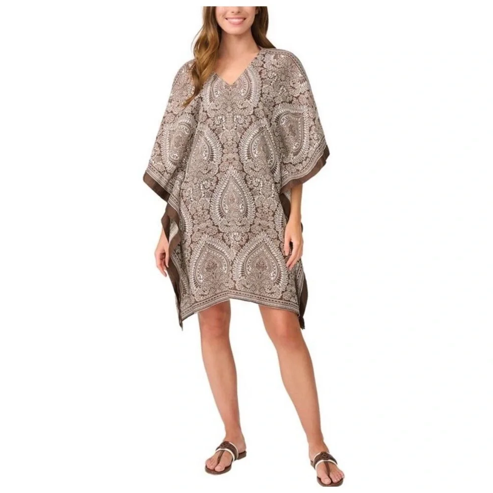 J. McLaughlin Brown Paisley Linen Poncho Top Coverup - Picture 1 of 6